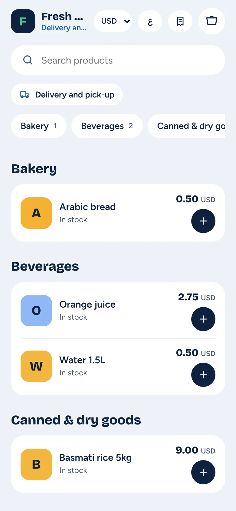 A grocery's PosWave web shop on a phone, with categories and a basket